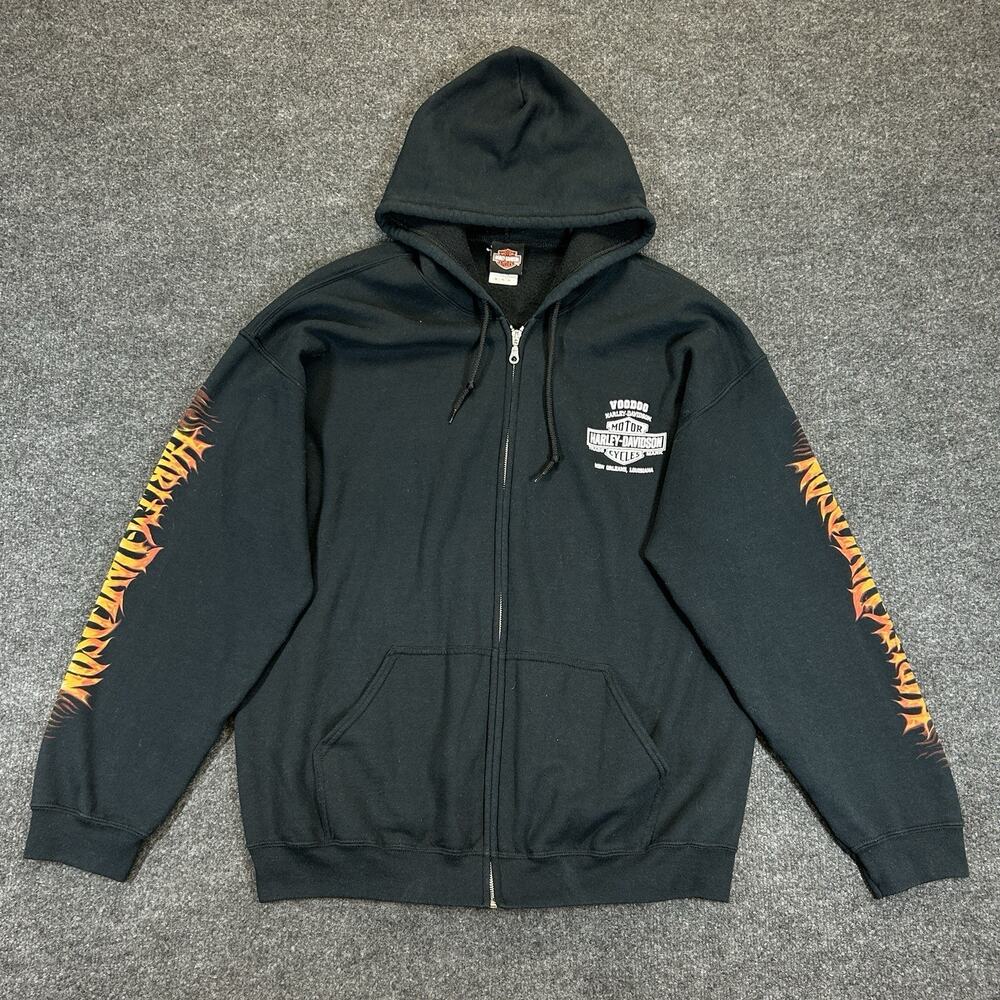 Harley Davidson Zip Up Hoodie Mens XL Black Eagle Voodoo New Orleans Flames Top